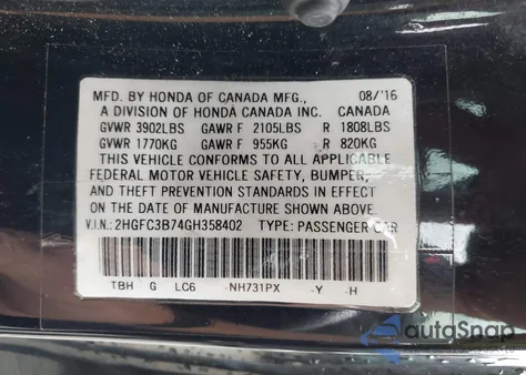 2016 Honda Civic Ex-L from USA, damaged, VIN 2HGFC3B74GH358402